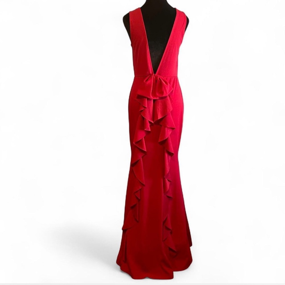Red Ruched Backless Plunge Gown